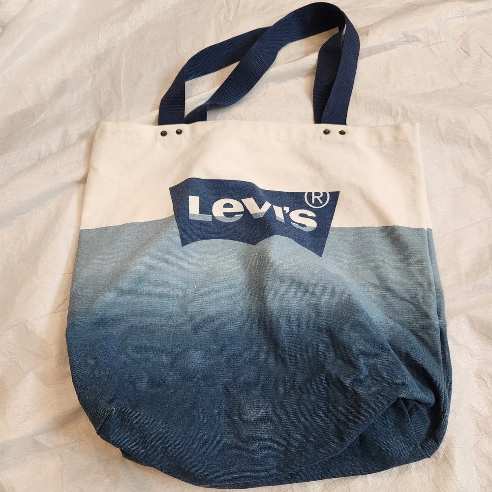 Levi's Large Canvas Tote Bag Blue Ombre Dip Dye Batwing Logo School Store